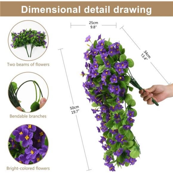 2PCS Artificial Hanging Flowers, Fake Hanging Plants Violet Vines UV Resistant - Picture 6 of 7